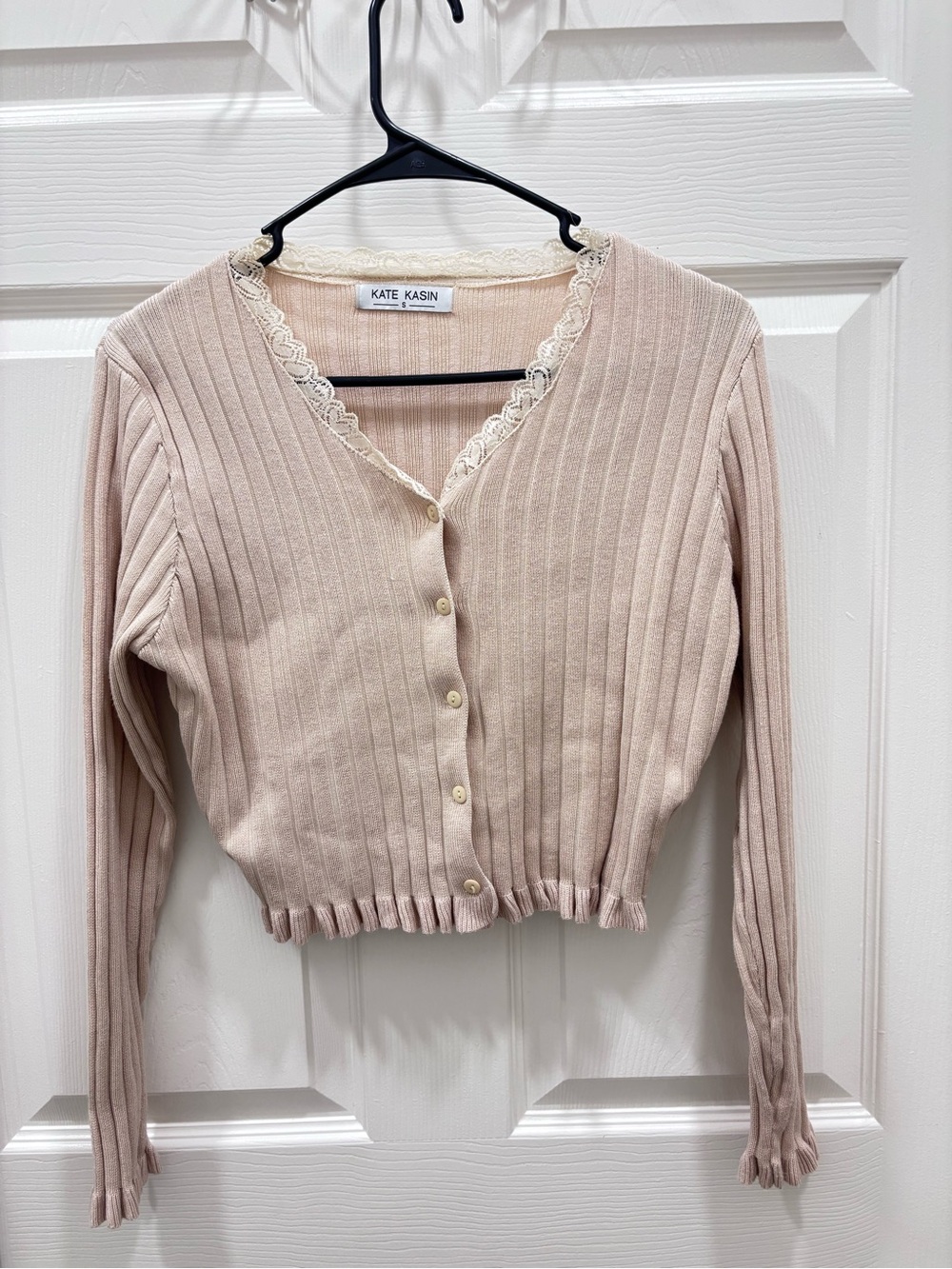 Kate Kasin Women's Blush Pink Lace-Trim Ribbed Button Cardigan Size S